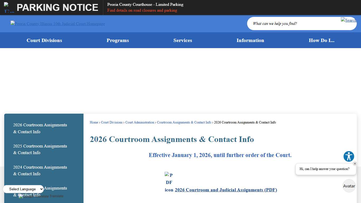 2026 Courtroom Assignments & Contact Info Peoria County Tenth JCC, IL